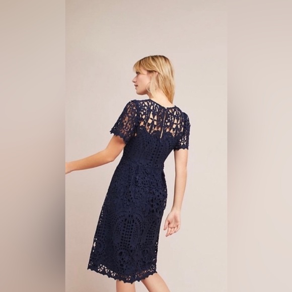 Anthropologie Eri + Eli Navy Eyelet Lace Dress Short Sleeve A-Line Size Med - Picture 2 of 12